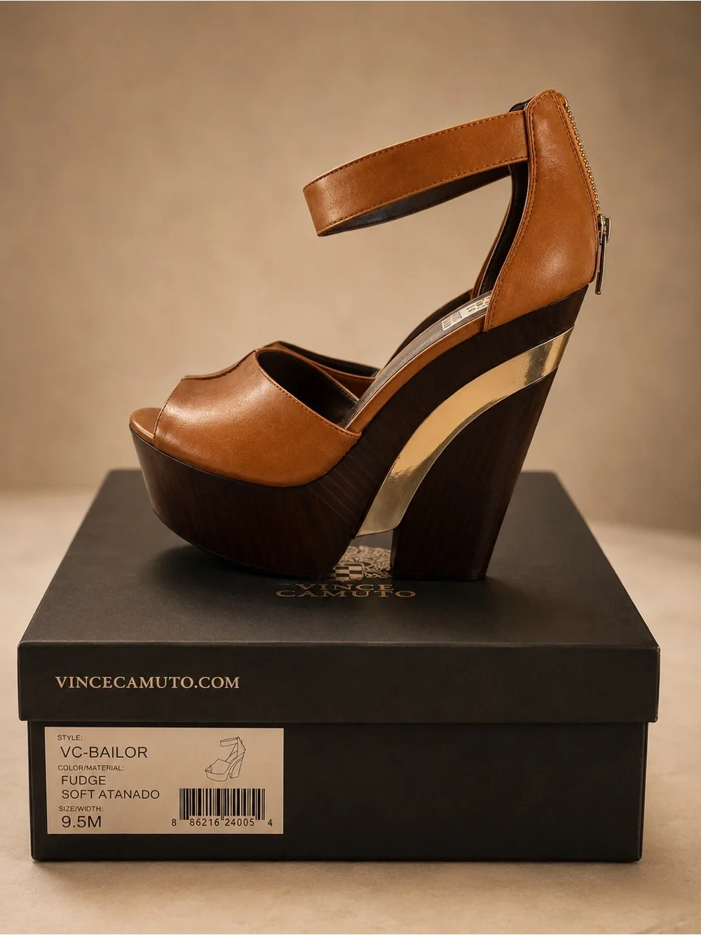 Vince Camuto Cognac Leather Peep-Toe Ankle-Strap Platforms